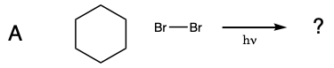 a chemical equation asking what forms during the reaction of cyclohexane with bromine.