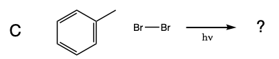 a chemical equation asking what forms during the reaction of toluene with bromine.