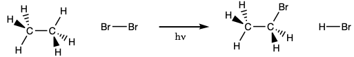 a balanced chemical equation showing the the reaction of bromine with ethaned to form 1-bromoethane and hydrogen bromide