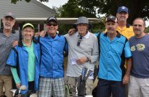 Left to right: Dan Dunn ’78, Regina Hopkins Buckley ’81, Jim Dunn, Coach Jerry Gravel, Bill Dunn, Kevin Farren, and Mark Asaro.