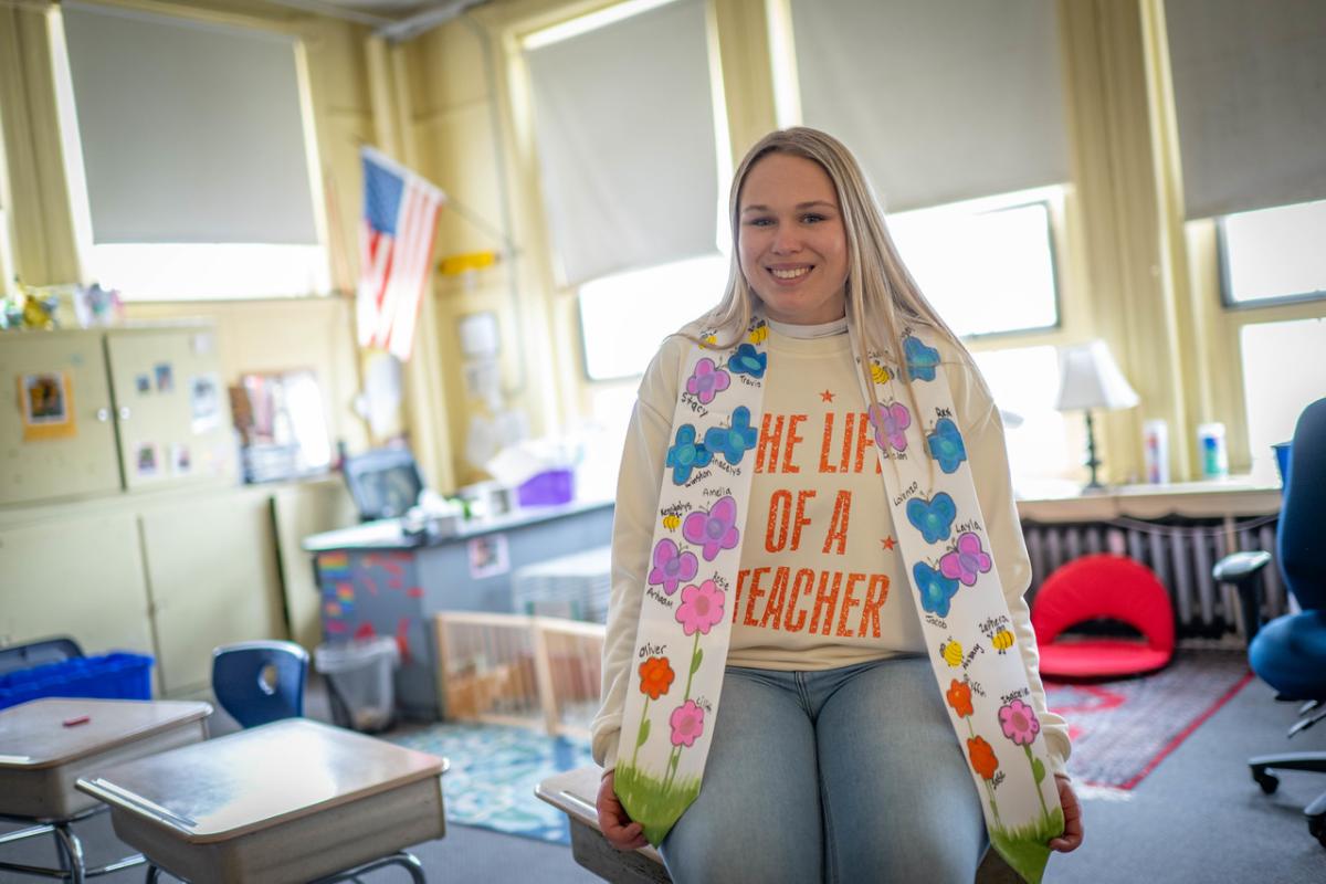 Student intern smiling at her internship at Mittineague Elementary School.