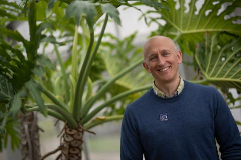 Tim Parshall, Professor of Environmental Science. He stands in front of trees in the Wilson Hall greenhouse.