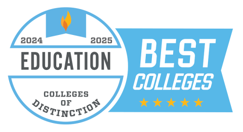 A graphic image that resembled a badge. The badge is blue and white and says, "Best Colleges, Education, and Colleges of Distinction". This was awarded to the University for their undergraduate education program.
