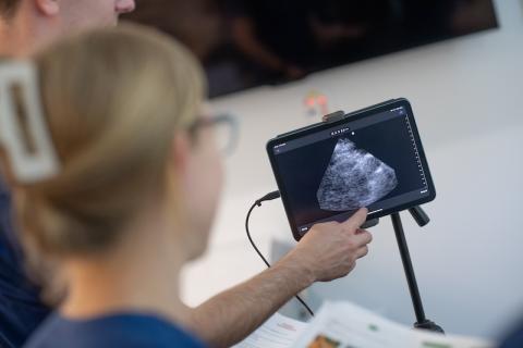 A close-up photo of an ultrasound, as students practice using the new Butterfly ultrasound tools in the Physician Assistant program.