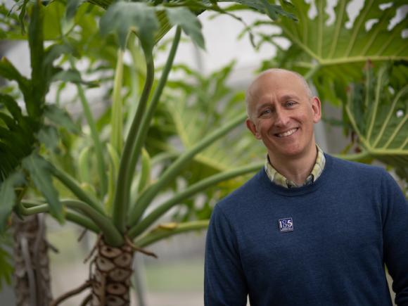 Tim Parshall, Professor of Environmental Science. He stands in front of trees in the Wilson Hall greenhouse.
