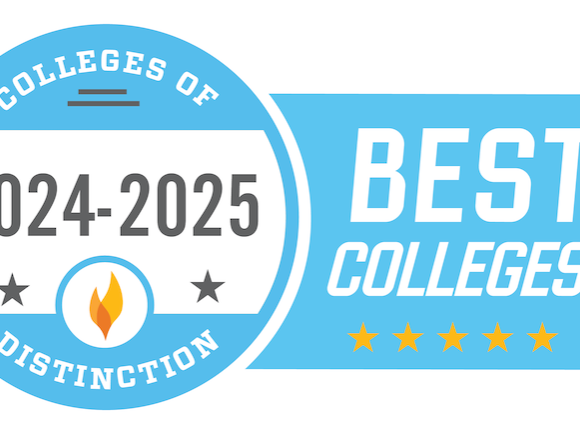 A light blue graphic that says 'Best Colleges 2024-25'. It is a graphic of a badge, with a round circle with white in the middle