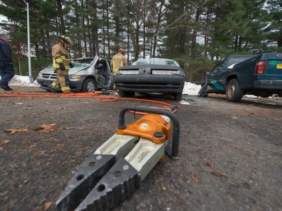 Life Star air ambulance visits Westfield State University, as EMS students learn vehicle extraction techniques, November 2018.