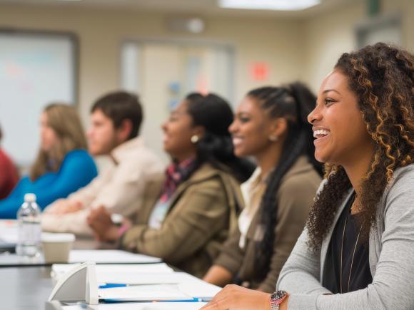 people in a classroom at a long table