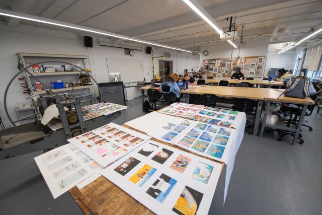 Dower 165 Print Making Studio with prints on top of table.