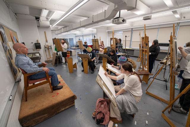 Dower 274 Painting Studio with students in front of easels. 