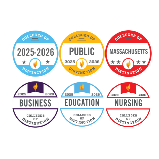 Six Colleges of Distinction badges for best business, education, nursing programs for 2025-2026.