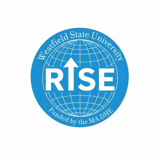 RISE program logo with blue globe and white text that says WSU RISE Funded by the MA DHE.