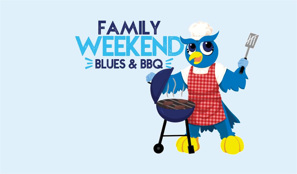 Family Weekend Blues & BBQ with an image of an owl in front of a grill.