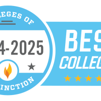 A light blue graphic that says 'Best Colleges 2024-25'. It is a graphic of a badge, with a round circle with white in the middle