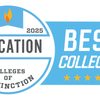 A graphic image that resembled a badge. The badge is blue and white and says, "Best Colleges, Education, and Colleges of Distinction". This was awarded to the University for their undergraduate education program.