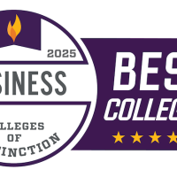 A purple and white graphic that says "Best Colleges 2024-2025, Business Colleges of Distinction